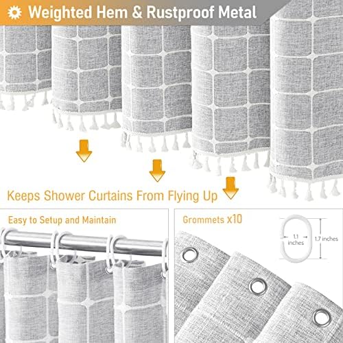 BTTN 60x72 Boho Farmhouse Linen Heavy Duty Shower Curtain Set, Gray/Grey