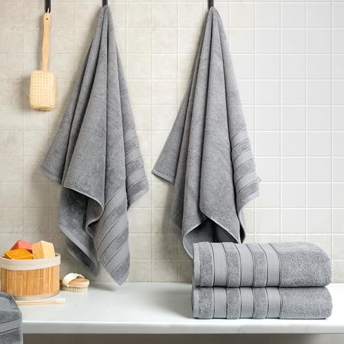 American Soft Linen Salem 100% Cotton Turkish 4 Piece Bath Towels for Bathroom, 600 GSM Soft Absorbent Quick Dry Bath Towel Set, Light Cool Grey