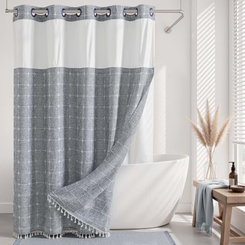 River Dream Farmhouse No Hooks Shower Curtain with Snap-in Liner,Blue,71x74
