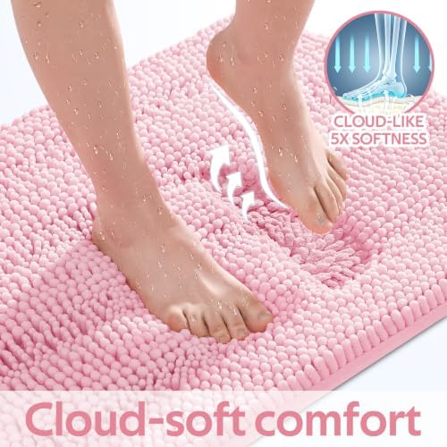 ACCUMTEK Christmas Striped Pink Bathroom Rug Set 3 Pieces Ultra Soft, Non Slip Chenille Toilet Mat, Absorbent Plush Shaggy Bath Mats for Bathroom, Bedroom, Kitchen
