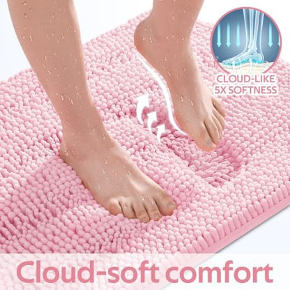 ACCUMTEK Christmas Striped Pink Bathroom Rug Mat Set 2 piece 24"x17"+48"x20" Ultra Soft, Non Slip Chenille Bath Rugs, Absorbent Plush Shaggy Bath Mats for Bathroom, Bedroom, Kitchen, Shower, Tub