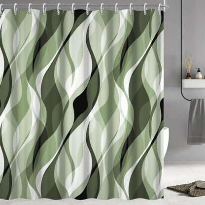 Sage Green Striped Shower Curtain with Hooks for Bathroom 72x72 Inch