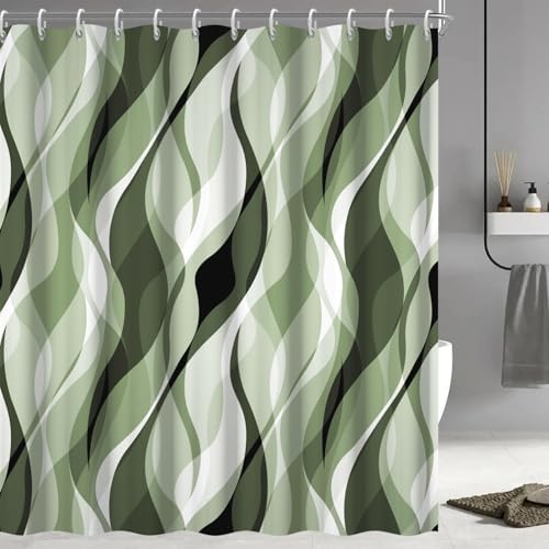 Sage Green Striped Shower Curtain with Hooks for Bathroom 72x84 Inch
