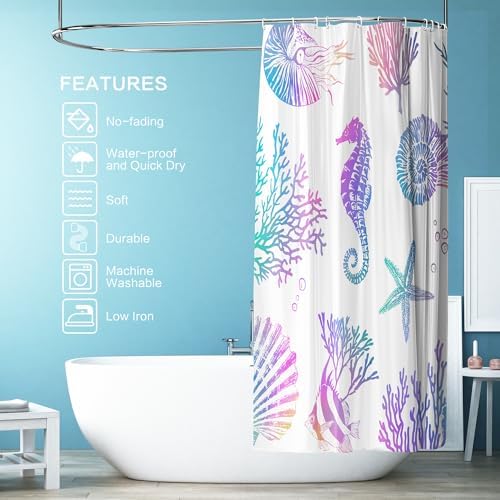 Nautical Coastal Shower Curtain, Beach Shower Curtains Sea Horse Coral Turtle Starfish Seashell Conch Ocean Themed Kids ShowerCurtain Set Polyester Fabric Machine Washable Decor Bath curtains