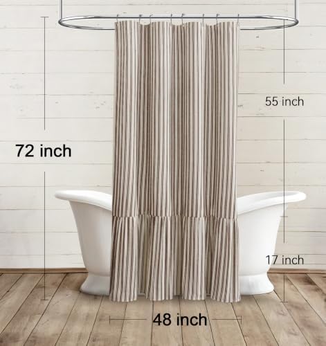 Farmhouse Shower Curtain Ruffle Linen Cream-Brown Stripe 48"W x 72"L