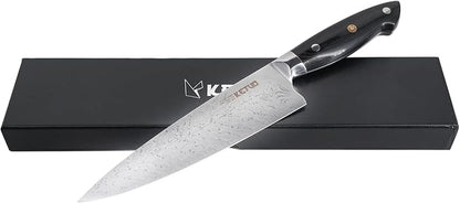 Ketuo Professional Chef Knife Damascus Carbon Steel with Laser Pattern Blade and Black Pakka Wood (8 Inch Chef Knife)