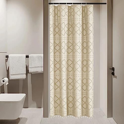Siiluminisoy Small Stall Boho Shower Curtain Cream/Beige Tassle Woven Fabric Shower Curtain 36 x 72 Half Size Tufted Chevron Striped Textured Modern Farmhouse Minimalist Cloth for Bathroom