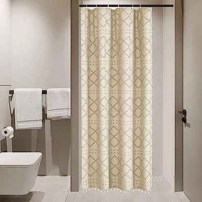 Siiluminisoy Small Stall Boho Shower Curtain Cream/Beige Tassle Woven Fabric Shower Curtain 36 x 72 Half Size Tufted Chevron Striped Textured Modern Farmhouse Minimalist Cloth for Bathroom