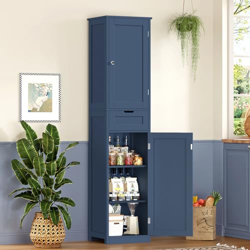 Iwell 66.9" Tall Bathroom Cabinet, Storage Cabinet with 2 Doors & 1 Drawer, Bathroom Storage Cabinets with Adjustable Shelves, for Living Room, Laundry Room, Home Office, Blue