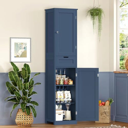 Iwell 66.9" Tall Bathroom Cabinet, Storage Cabinet with 2 Doors & 1 Drawer, Bathroom Storage Cabinets with Adjustable Shelves, for Living Room, Laundry Room, Home Office, Blue
