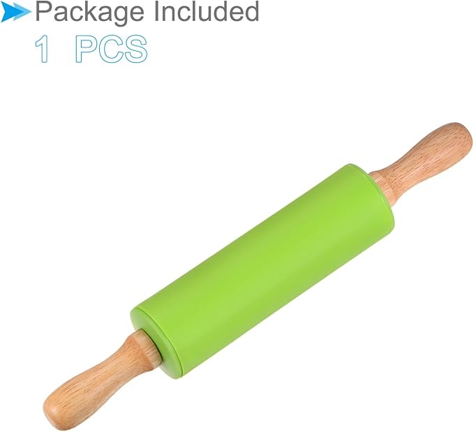 Silicone Rolling Pins, 12.2" Length, Silicone & Oak Non-Stick Ergonomic Wooden Handle Fondant Dough Roller Green - (Applications: for Baking DIY Projects)