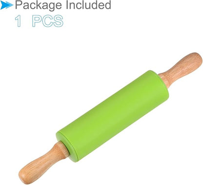 Silicone Rolling Pins, 12.2" Length, Silicone & Oak Non-Stick Ergonomic Wooden Handle Fondant Dough Roller Green - (Applications: for Baking DIY Projects)