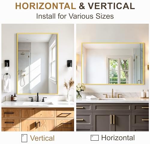 Rectangular Bathroom Mirror, 36"x24" Gold Metal Framed Vanity Mirror