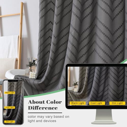 OWENIE Boho Shower Curtain, Grey Fabric Cloth Shower Curtains Farmhouse Tufted Chevron Striped Textured with Tassel for Bathroom, Soft Hotel Style Modern Minimalist, Machine Washable, 72x72, Grey
