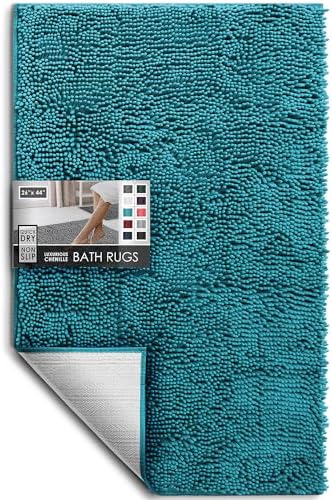 Hearth & Harbor Bathroom Rugs, Chenille Bath Mat - Machine Washable Bath Mats for Bathroom Non-Slip Backing Rubber, Quick Dry Bathroom Mat - Teal Bath Rug, 26x44