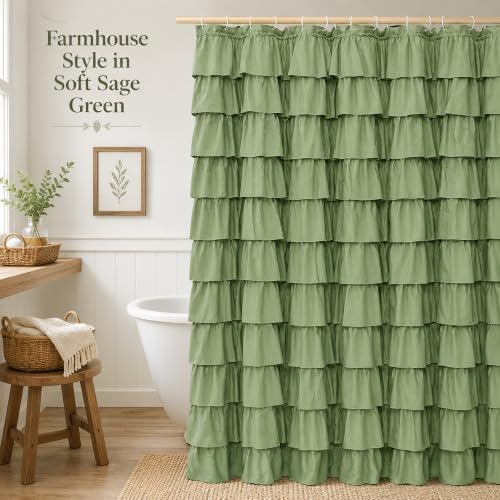 Sage Green Ruffle Shower Curtain for Bathroom, 72x84 inch, 1 Panel