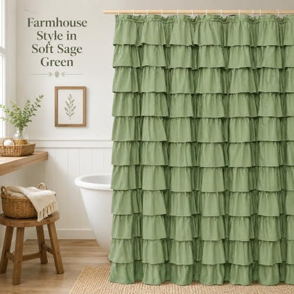Sage Green Ruffle Shower Curtain for Bathroom, 72x84 inch, 1 Panel