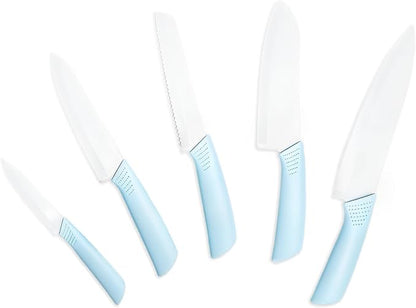 Ceramic Knives Set for Kitchen 5-Piece Set, Sharp Lightweight, Rust Resistant and Stain Resistant, Pure White Blade, Sky Blue Handle