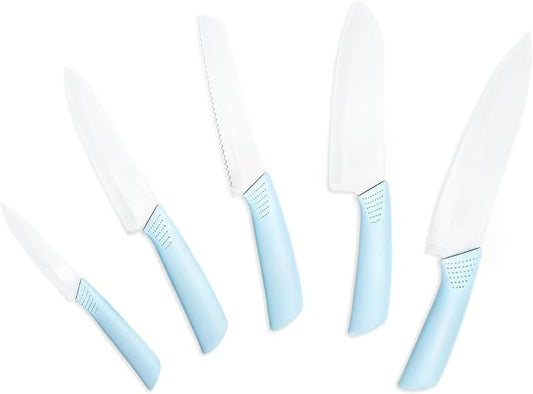 Ceramic Knives Set for Kitchen 5-Piece Set, Sharp Lightweight, Rust Resistant and Stain Resistant, Pure White Blade, Sky Blue Handle