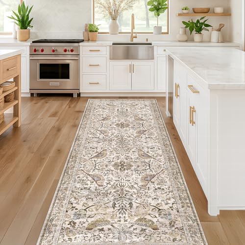 Boho 2'6"x8' Long Kitchen Runner Rugs Non Skid Washable, Stain Resistant Carpet Runners for Hallway 8ft, Low Pile Non Slip Rubber Backing Runner Rug for Kitchen, Traditional Floral Home Décor