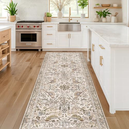 Boho 2'6"x8' Long Kitchen Runner Rugs Non Skid Washable, Stain Resistant Carpet Runners for Hallway 8ft, Low Pile Non Slip Rubber Backing Runner Rug for Kitchen, Traditional Floral Home Décor