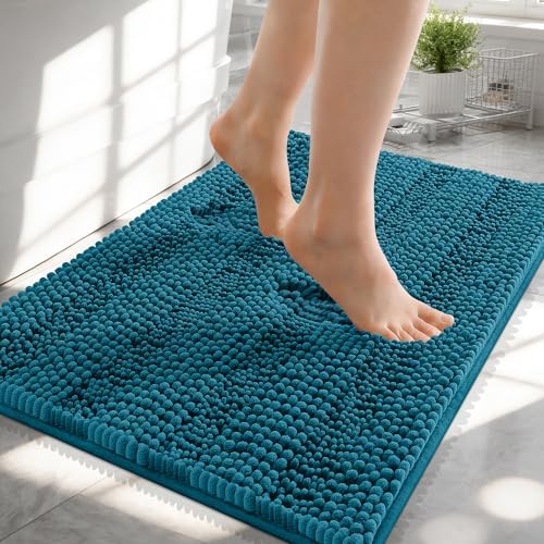 OLANLY Thick Small Bathroom Rugs 24x16, Chenille Bath Rugs, Peacock Blue