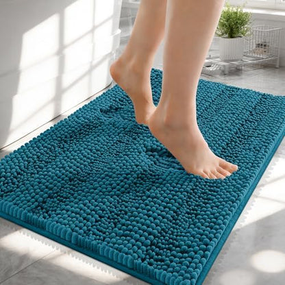 OLANLY Thick Small Bathroom Rugs 24x16, Chenille Bath Rugs, Peacock Blue