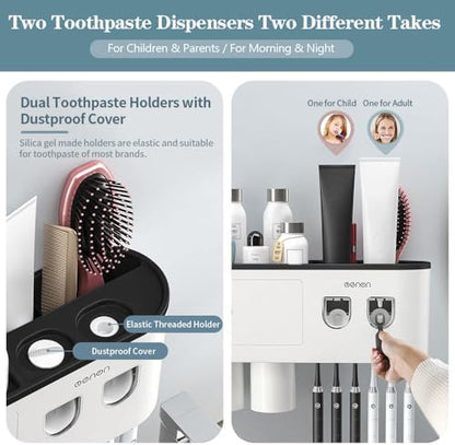 Toothbrush Holders Wall Mounted, Toothbrush Holder with Automatic Toothpaste Dispensers, 6 Brush Slots, 3 Magnetic Cups,1 Cosmetic Drawer Organizer and 1 Large Storage Tray