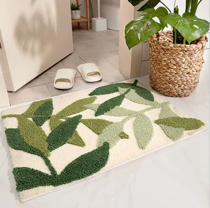 Green Leaves Bath Mats Bathroom Rugs Set 2 Piece Non-Slip Soft Microfiber Absorbent Machine Washable Entrance Doormat Boho Carpet for Bathroom Floor Tub Shower (17.5 X 25.5+19.5 X 31.5 Inches)