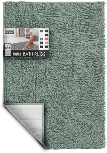 Hearth & Harbor Bathroom Rugs, Chenille Bath Mat - Machine Washable Bath Mats for Bathroom Non-Slip Backing Rubber, Quick Dry Bathroom Mat, 24 x 36 - Ice Green