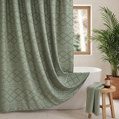 Siiluminisoy Sage Green Boho Shower Curtain, 60 x 72 Tufted Chevron Textured Striped Modern Farmhouse Minimalist Cloth Shower Curtain for Bathroom