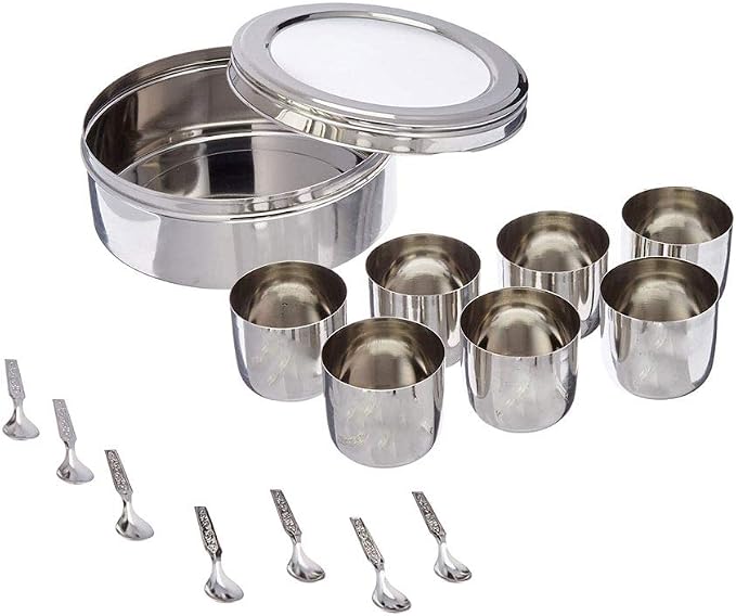 Stainless Steel Spice box with Non Breakable Transparent glass,Stainless Steel Spice Box with 7 container and 7 Small Spoons,Spice Box,Size 12 No,Color-Silver