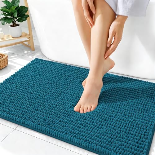 OLANLY Thick Chenille Absorbent Bathroom Rugs Mat 36x24, Peacock Blue