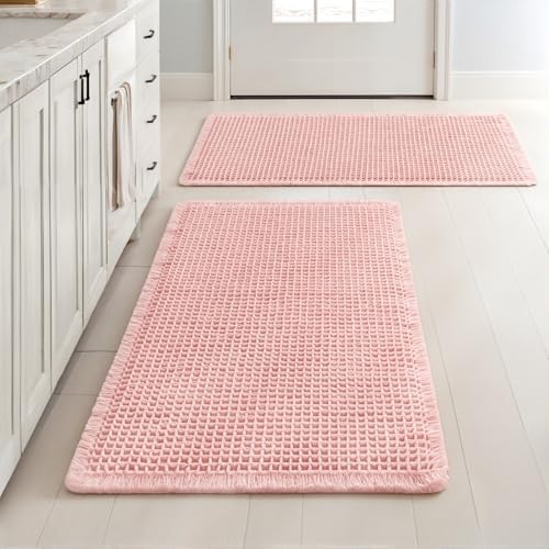 MIULEE Set of 2 Waffle Bathroom Rugs Boho Bath Mat Pink 18x30 Inch