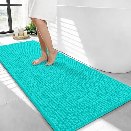 OLANLY Thick Chenille Bathroom Runner Rugs 44x24, Absorbent Bath Mat, Teal