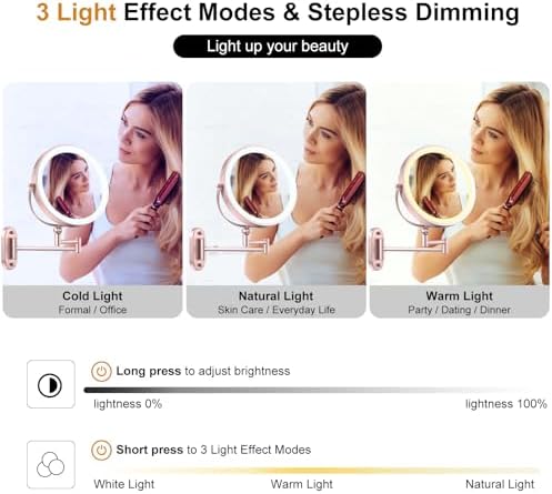 9" Wall Mounted Lighted Makeup Mirror,4000mAh Rechargeable Double Sided 1X/10X Magnifying Mirror with Light,3 Color Lights,Touch Dimmable,Extended Arm 360 Rotation Wall Mounted Makeup Mirror