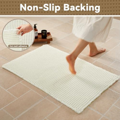 Triohero Cream White Waffle Bath Mat, Boho Bathroom Rugs Non Slip, 24x36