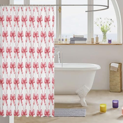 jejeloiu Red Bow Shower Curtain 72"x78" Cute Bowknot Bath Curtain Boys Girls Bow and Stripes Bathroom Shower Curtain Set for Kids Women Men Kawaii Kids Bathroom Accessories