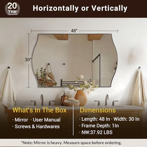 ANDY STAR 30"x48" Scalloped Mirror，Polished Chrome Rectangle Bathroom Mirror with Curved Edge Stainless Steel Metal Frame, Large Wall-Mounted Mirror for Bathroom, Entryway (Horizontal/Vertical)