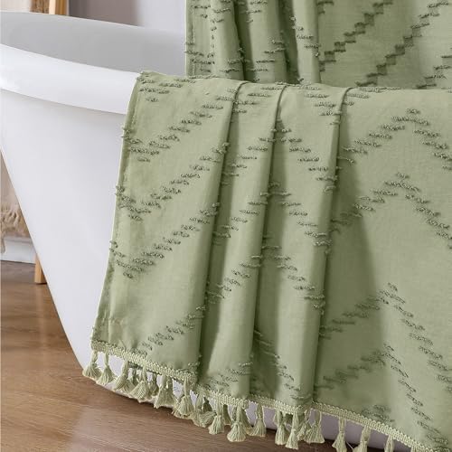 OWENIE Extra Long Light Green Boho Shower Curtain, Chic Tufted Chevron Striped Textured Cloth Fabric Shower Curtains with Tassel for Bathroom, Soft Hotel Style Farmhouse, Machine Washable, 72x96
