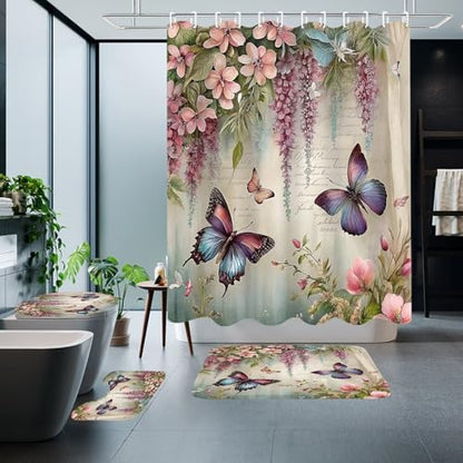 Chrainy 4pcs Spring Butterfly Shower Cutain Set Bathroom Decor with Rugs