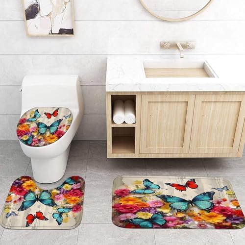 Chrainy 4pcs Flower Butterflies Shower Cutain Set Bathroom Decor with Rugs