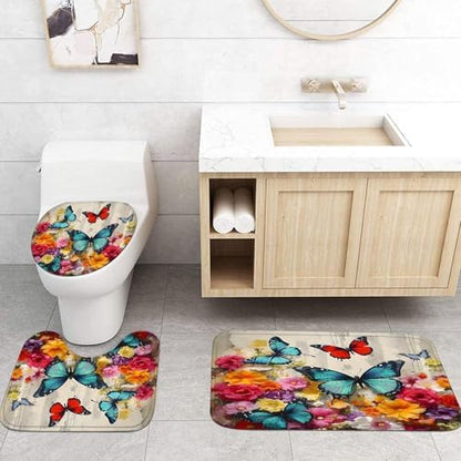 Chrainy 4pcs Flower Butterflies Shower Cutain Set Bathroom Decor with Rugs