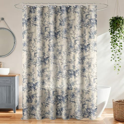 Farmhouse Blue Floral Shower Curtain with 12 Clear Rings 72"W x 72"L