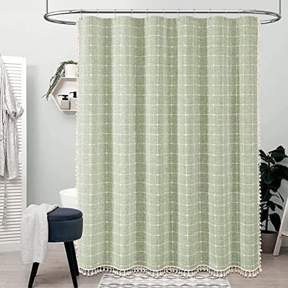 BTTN Sage Green Boho Farmhouse Linen Heavy Duty Shower Curtain Set, 72x72