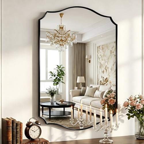 Black Vanity Wall Mirror 30"x22", Scalloped Edge Bathroom Mirror