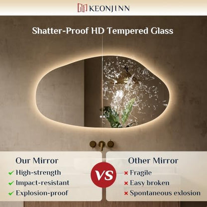 Keonjinn Irregular LED Mirror for Bathroom 55 x 30 Inch, Tempered Glass