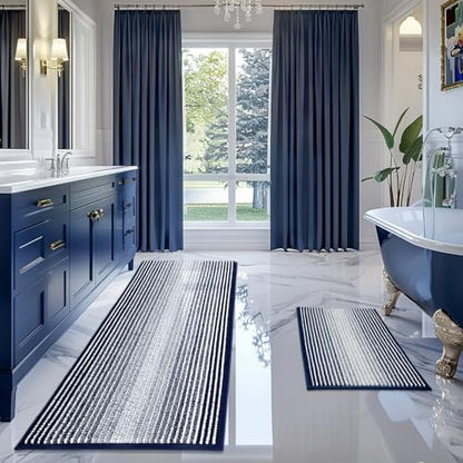 BSICPRO Bathroom Rugs Sets 2 Piece, Non Slip Striped Bath Mats,Navy