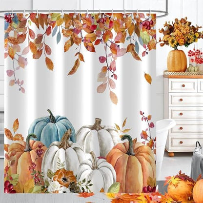 Fall Pumpkin Shower Curtains for Bathroom, Thanksgiving Teal Eucalyptus Leaves Watercolor Pumpkins Farmhouse Rustic Vintage Boho Bathroom Decor Set, Waterproof Fabric Polyester with Hooks 72x78 White