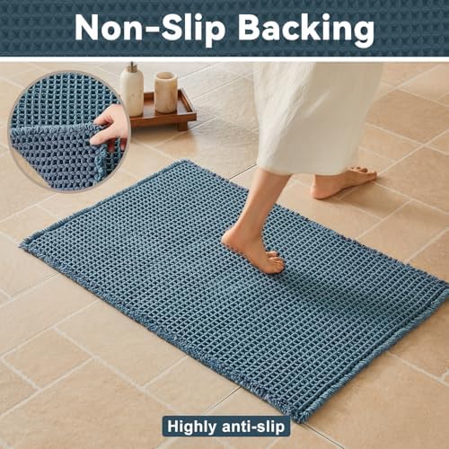 Triohero Waffle Bath Mat, Boho Bathroom Rugs Non Slip, 24x36 Denim Blue
